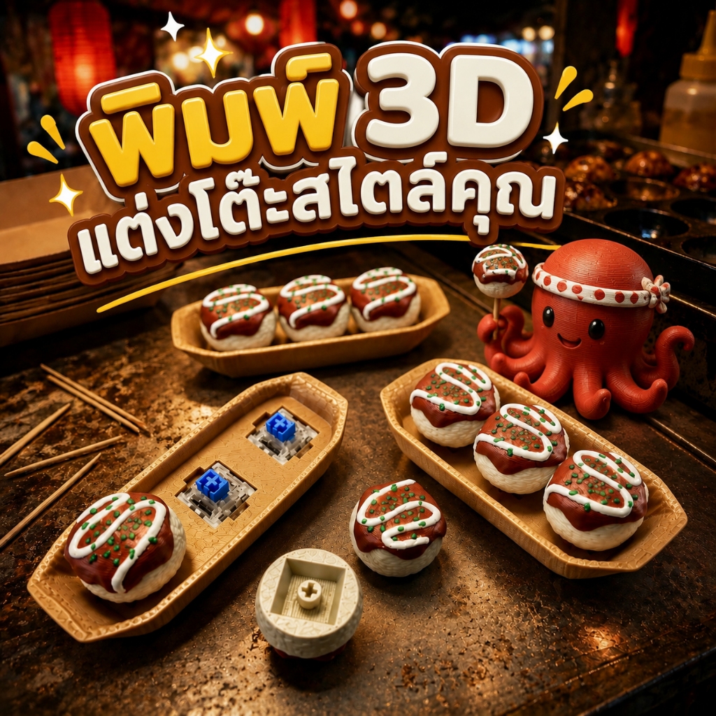 3D Pressable Takoyaki คีย์แคปทาโกะยากิ พิมพ์3D สวิตช์กลไก ปุ่มกดคลายเครียด อาหารจำลอง ปลาหมึก