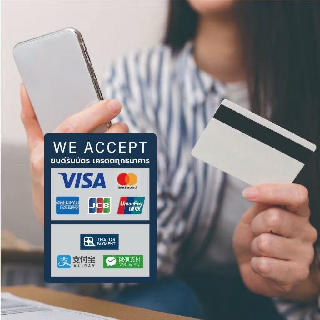 สติกเกอร์ป้ายรับชำระเงิน ป้ายยินดีรับบัตรเครดิต พร้อมเพย์ visa american express paypal alipay wechat