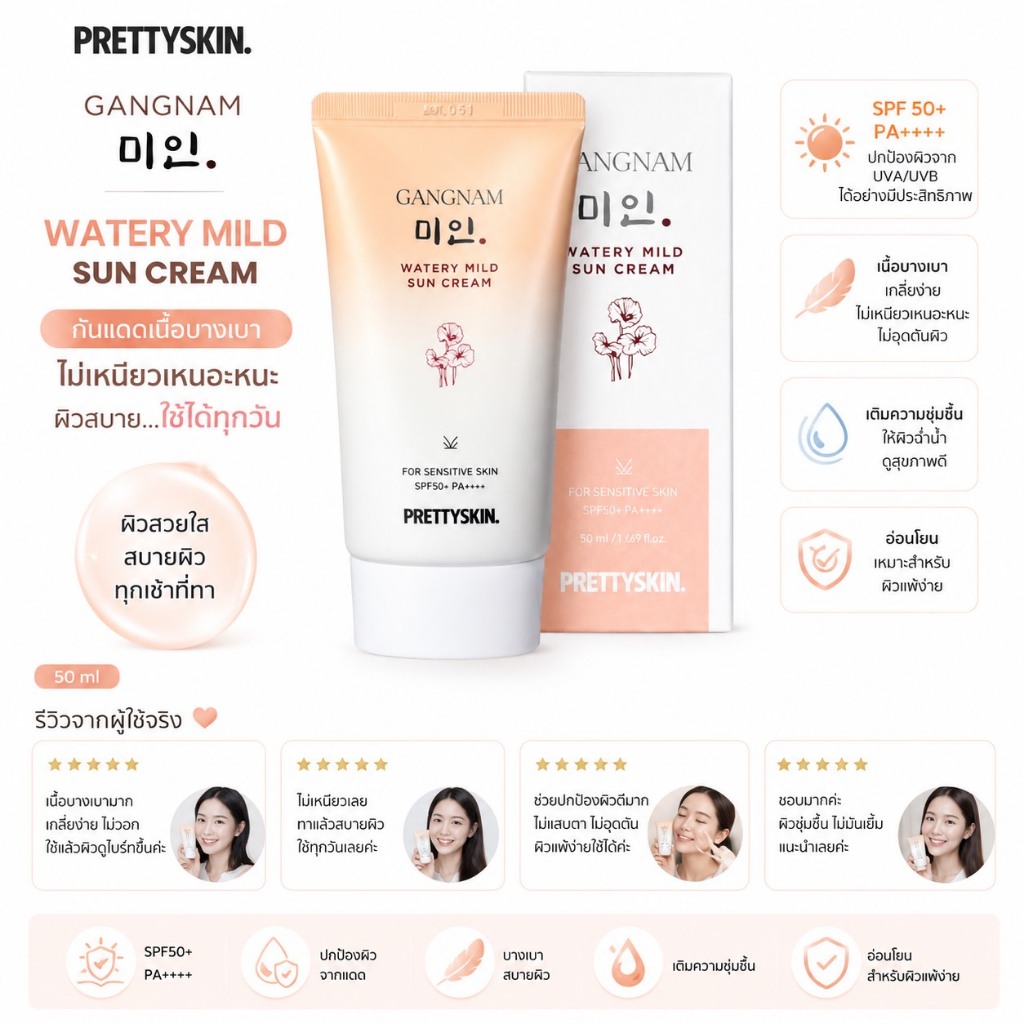 พร้อมส่ง Pretty skin Gangnam Miin Watery Mild Sun Cream SPF50+ขนาด50ml ครีมกันแดดสูตรอ่อนโยน