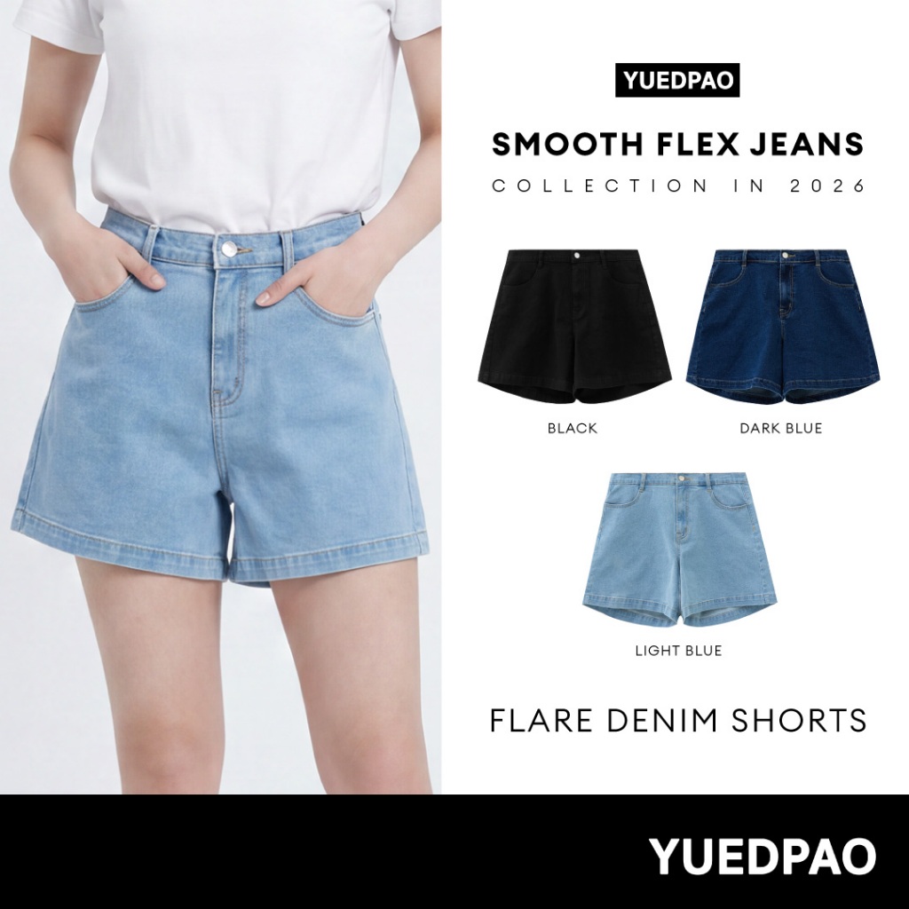 Yuedpao Smooth Flex Jeans (Flare Denim Shorts) กางเกงยีนส์ขาสั้นผู้หญิงทรงแฟลร์ ยีนส์ยืด ใส่สบาย กางเกงยีนส์ขาสั้น