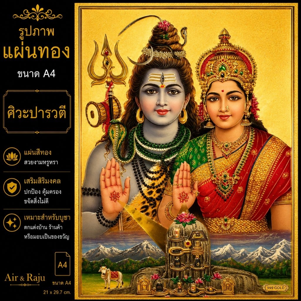 No Frameไม่กรอบ_ภาพแผ่นทอง_ขนาด A4_พระศิวะ+พระแม่อุมา