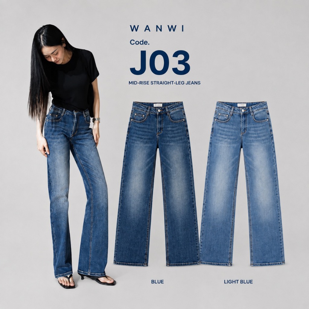 ยีนส์ WANWI รหัส J03 กางเกงยีนส์ทรงกระบอกกลางเอวกลางผ้ายีนส์ยืด