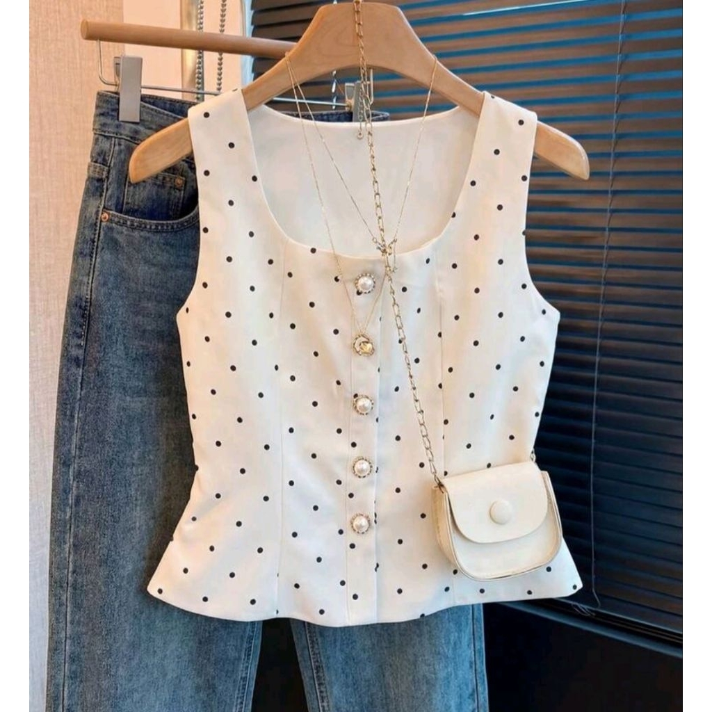 เสื้อกล้ามผู้หญิง​ ลายจุดวินเทจ​ หรูหราตกแต่งมุกสีขาว เสื้อเบลาส์หรูหรา