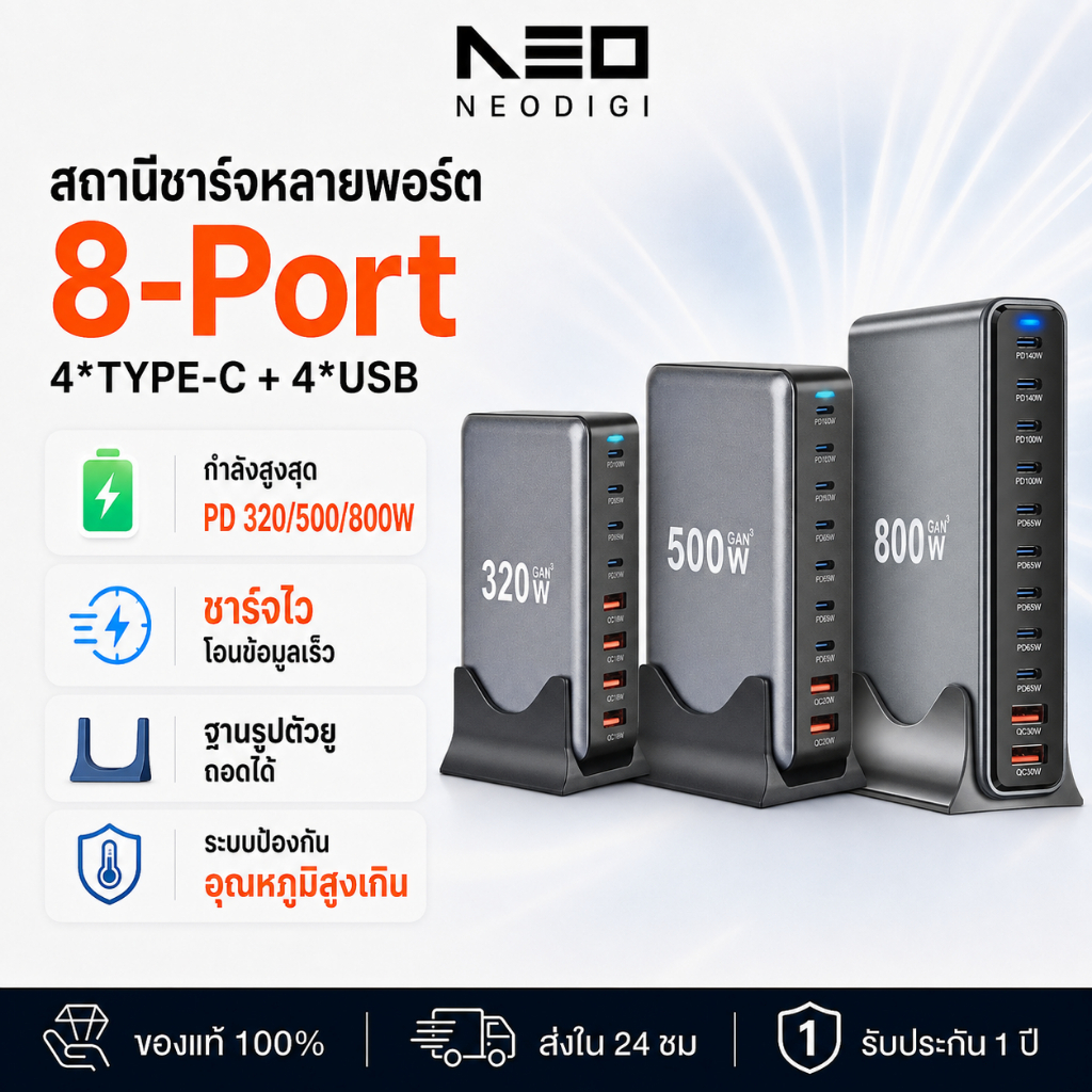NEODIGI 800W/500W/320W ที่ชาร์จ Fast Charger จากสาย 4C4A 8-Port อะแดปเตอร์ชาร์จสําหรับแล็ปท็อป/แท็บเล็ต/Android series