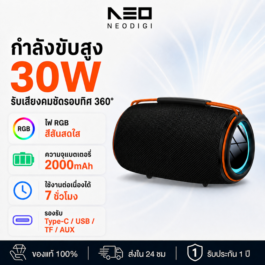 NEODIGI YSW38 Bluetooth Speaker เบสแน่น ลำโพงพกพา ลำโพงบลูทูธ ไฟRGB มี 2000mAh ใช้งานต่อเนื่องเป็นเวลา 7h มีรับประกัน