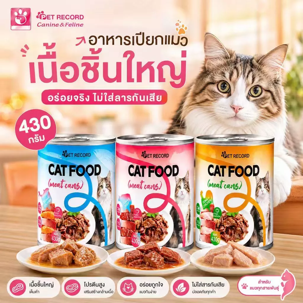 สินค้าใหม่ กระป๋องทูน่าเนื้อแดงแมว PET RECORD 430g 3รส โปรตีน≥30% น้ำซุปช่วยดื่มน้ำ โอเมก้า3 บำรุงขน แมวทุกวัย