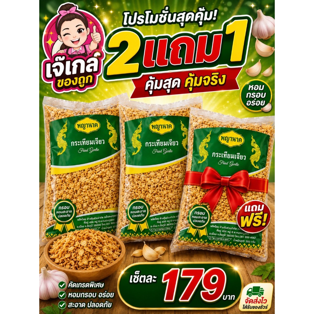 กระเทียมเจียว 500 กรัม พญานาค หอม กรอบ ***เซ็ท2แถม1***