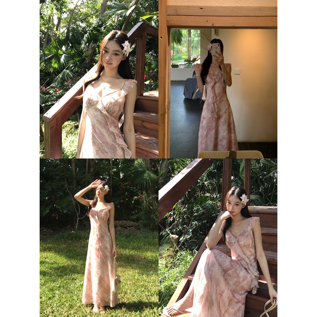 HRG พร้อมส่ง เดรสสายเดี่ยวสีชมพู สไตล์ฝรั่งเศส ฤดูร้อน 2026 รุ่นใหม่ เดรสยาว สุภาพหรูหรา เหมาะไปทำงานออกเดต
