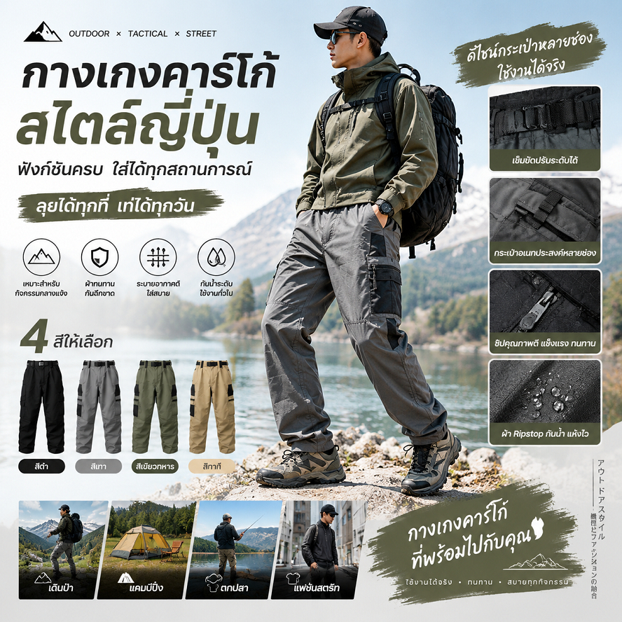 【COD】กางเกงขายาวผู้ชาย กางเกงคาร์โก้ Outdoor Tactical หลายช่อง เก็บของเยอะ ผ้าแข็งแรง กันน้ำ กันลม