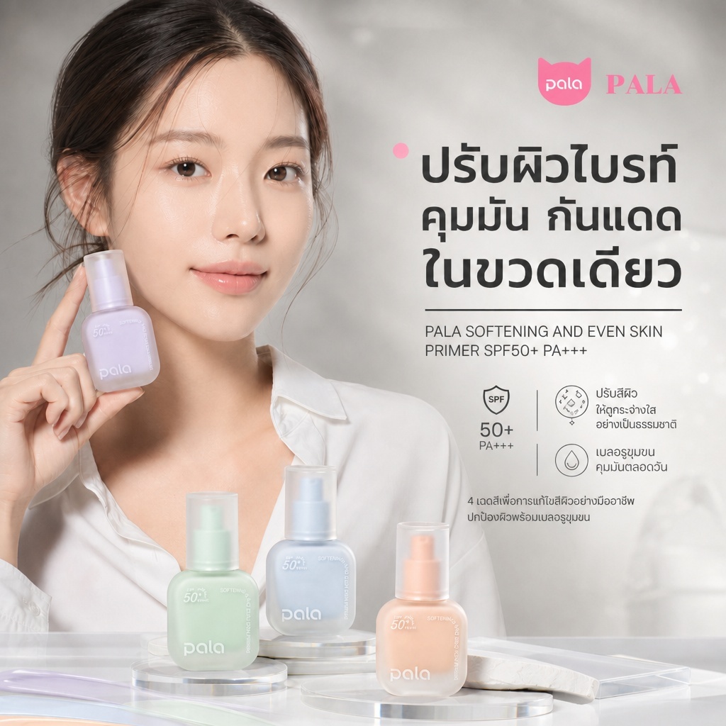 PALA Softening and Even Skin Primer SPF50+ PA+++ เนื้อบางเบา เกลี่ยง่าย เมคอัพเบส ทาแล้วผิวเนียนนุ่ม เบลอรูขุมขน 4สี 30ม