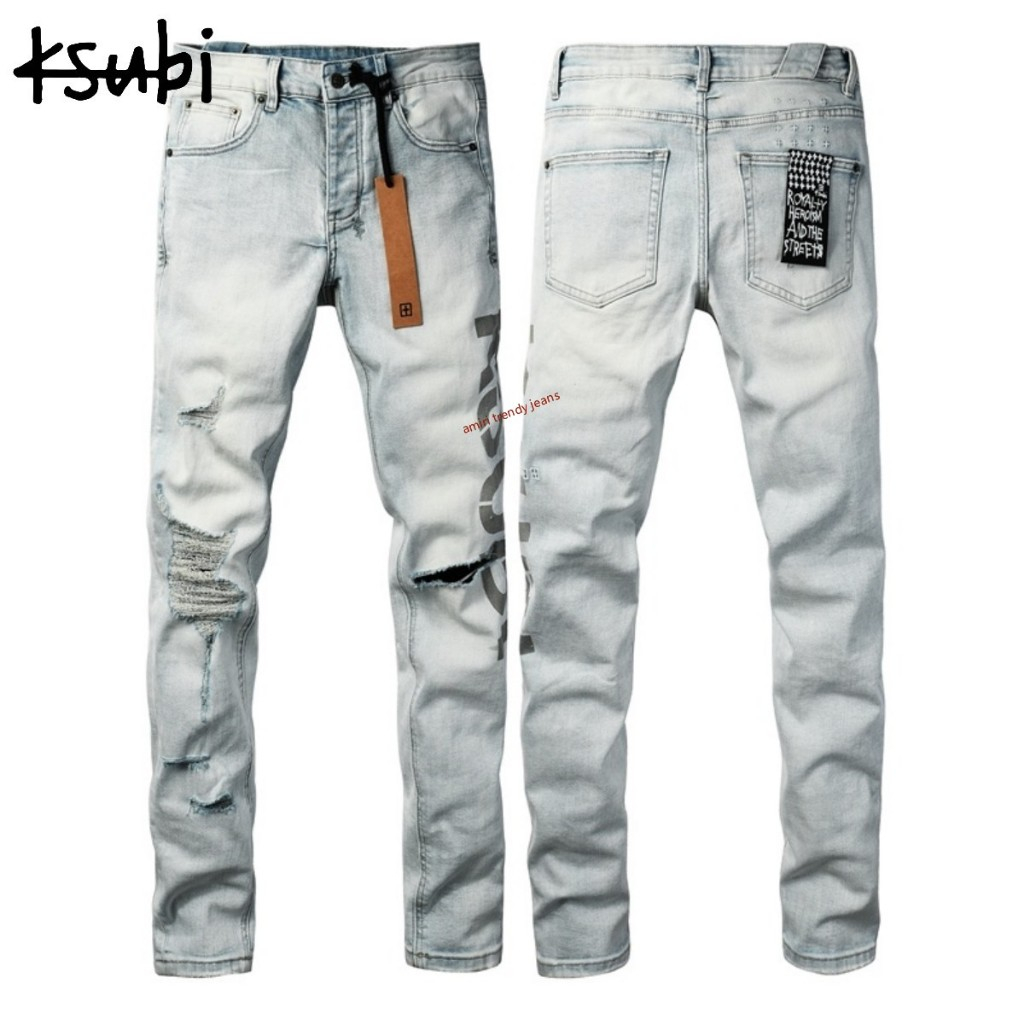 Ksubi กางเกงยีนส์ขาดสีอ่อนสำหรับผู้ชาย กางเกงพิมพ์ลายตัวอักษร 3054