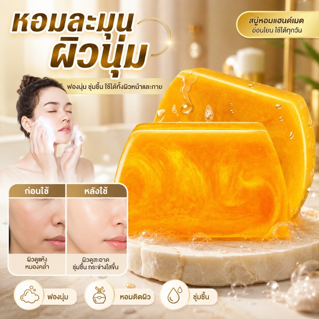 แท้ %สบู่น้ำมันหอมระเหยกรดอะมิโนทองคำทำมือ/สบู่หอม/สบู่ให้ความชุ่มชื้นกรดอะมิโนต่อต้านริ้วรอย