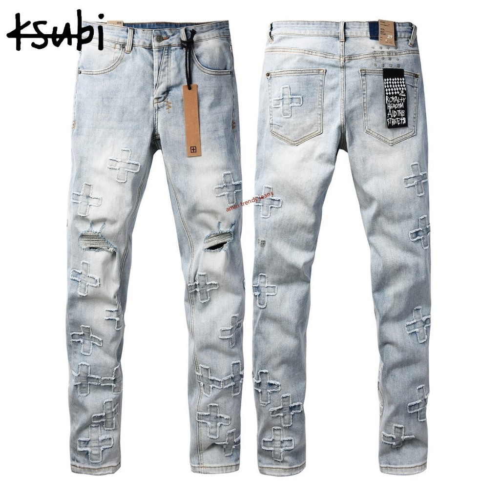 Ksubi กางเกงยีนส์ขาดสีอ่อนสำหรับผู้ชาย  เลกกิ้งดีไซน์เฉพาะกลุ่มใหม่