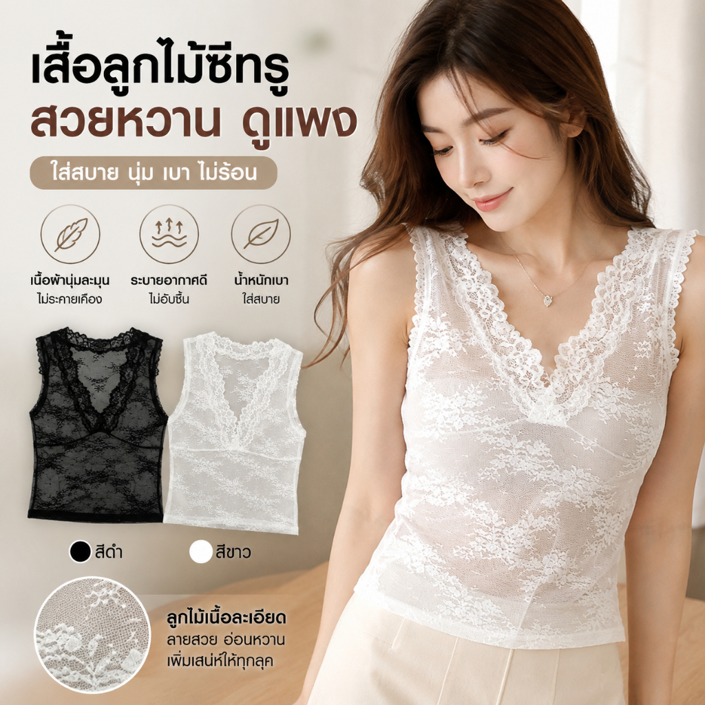 เสื้อรองพื้นผู้หญิง ลูกไม้ปักลาย ขอบตกแต่ง ดีไซน์มีเอกลักษณ์ ใส่ซ้อนกันได้ เข้ารูปร่าง ไม่มีแขน โปร่งแสง เหมาะสำหรับฤดูร