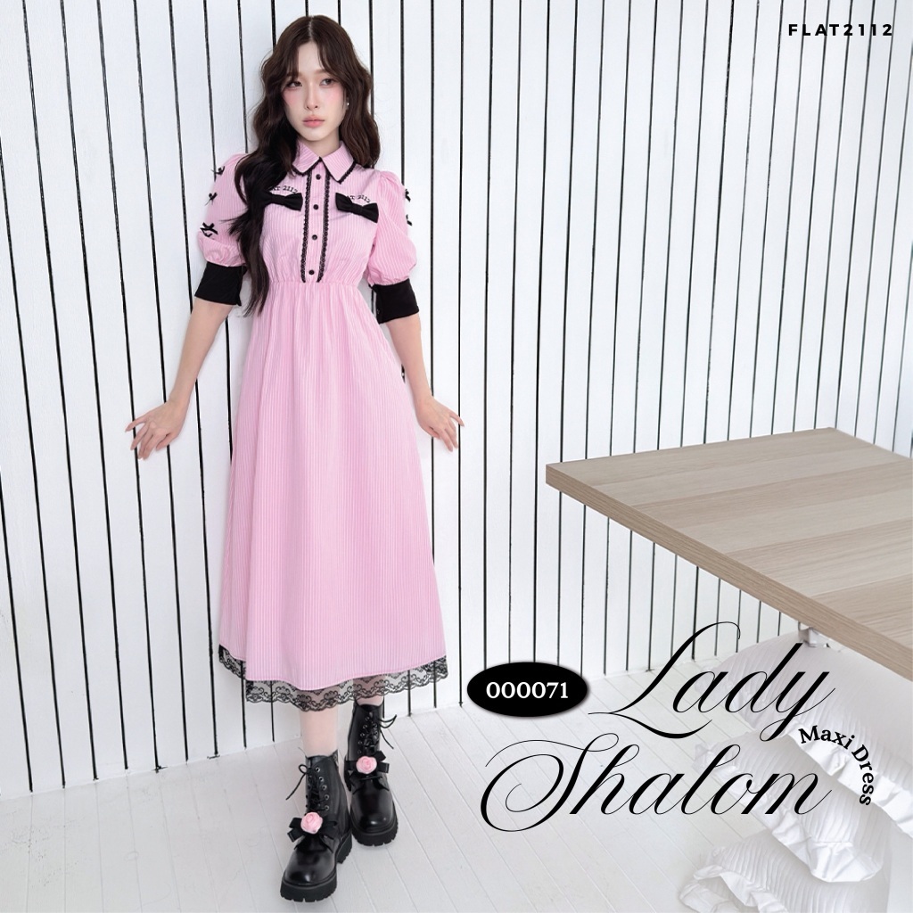 FLAT2112 : LADY SHALOM MAXI DRESS เดรสลายทางสีชมพูอ่อน ดีไซน์แขนพองแต่งระบาย เดรสหวานคุณหนู เดรสสไตล์เจ้าหญิง (000071)