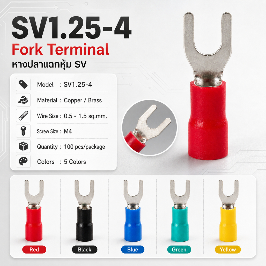 SV1.25-4 : หางปลาแฉก หุ้มเต็ม ขนาด 0.5-1.5 ตร.มม./M4 ทองแดง/ทองเหลือง (SVTerminal Size : 0.5-1.5 sq.mm./M4 Copper/Brass)