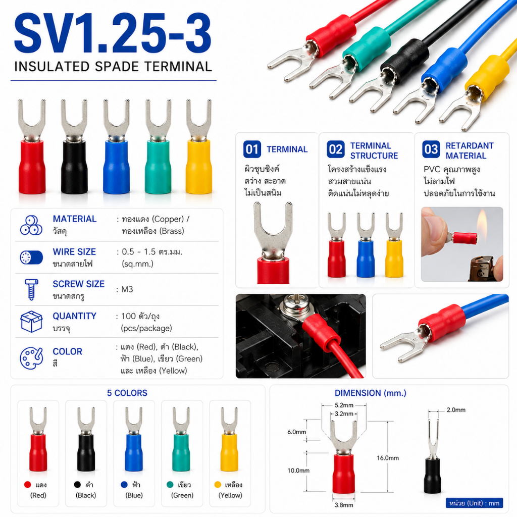 SV1.25-3 : หางปลาแฉก หุ้มเต็ม ขนาด 0.5-1.5 ตร.มม./M3 ทองแดง/ทองเหลือง (SVTerminal Size : 0.5-1.5 sq.mm./M3 Copper/Brass)