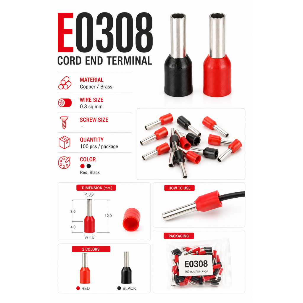 E0308 หางปลาเข็ม ขนาด 0.30 ตร.มม. ทองแดง/ทองเหลือง (Cord End terminal Size : 0.30 sq.mm. Copper/Brass)