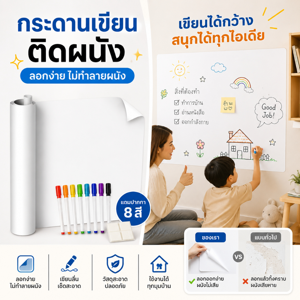ไวท์บอร์ดติดผนัง สติกเกอร์ไวท์บอร์ด กระดานไวท์บอร์ด ไฟฟ้าสถิต ดูดติดด้วยไฟฟ้าสถิต ไม่ใช้กาว ไม่ทำลายผนัง เขียนลบได้