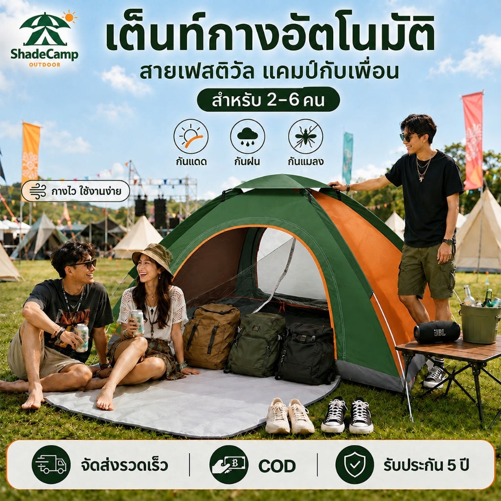เต็นท์แคมป์ปิ้ง เต็นท์สนาม เต็นท์นอนพับได้ เหมาะ3-6คน ครอบครัว3-4คน สีเขียวป่า กางอัตโนมัติ 2วินาที ติดตั้งง่าย ผ้าเคลือ