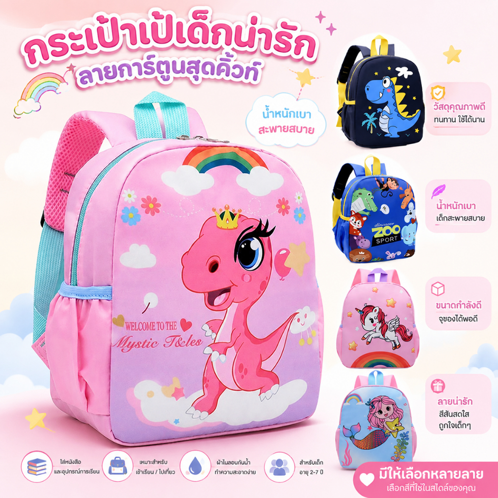 กระเป๋านักเรียนอนุบาลการ์ตูนน่ารัก เด็ก3-6ปี กระเป๋านักเรียน กันน้ำ กระเป๋าเป้สะพายหลัง สายรัดป#114