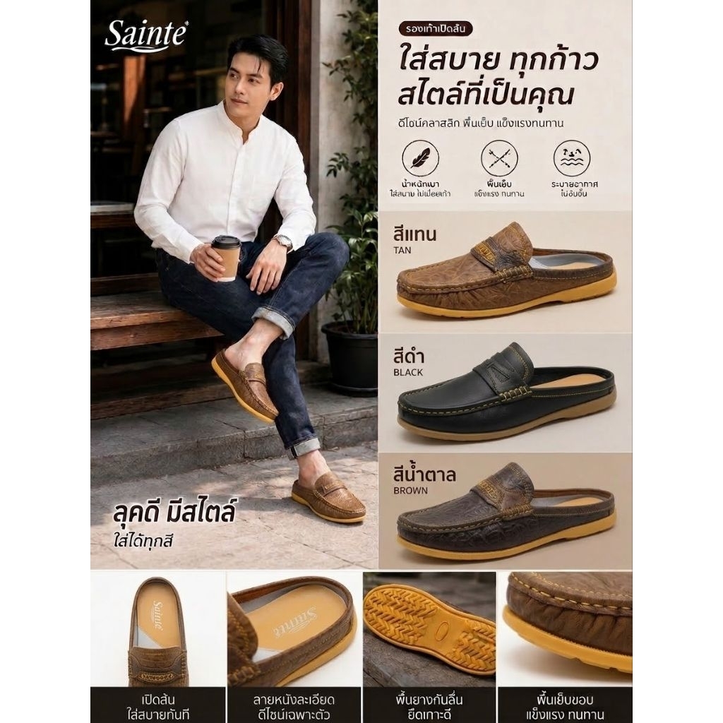 Sainte รองเท้าคัทชู เปิดส้น พื้นเย็บ** ทนทาน (ผู้ผลิตเดียวกับ Breaker Popteen Catcha) ขนาดปกติ หากเท