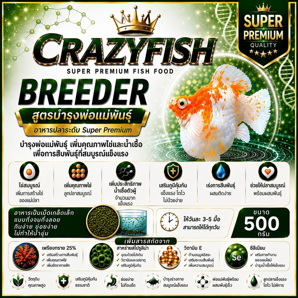 [ ใหม่ ] Crazy Fish Breeder อาหารปลาสูตรบำรุงพ่อแม่พันธุ์ สำหรับปลาปลาบอลลูนและปลาปากเล็กทุกชนิด [บำรุงพันธุ์]