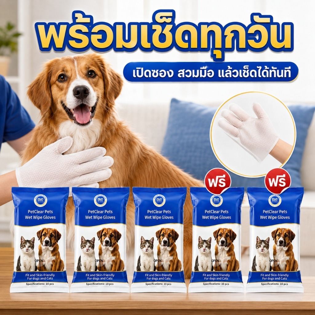PetClear Pet Wet Wipe Gloves ถุงมือเช็ดทำความสะอาดหมาแมว 10 ชิ้นต่อแพ็ก