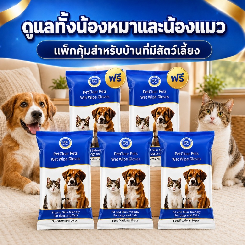 ถุงมือเปียกสำหรับสัตว์เลี้ยง 10 ชิ้น PetClear เช็ดฝุ่นและคราบสกปรก ใช้สะดวก