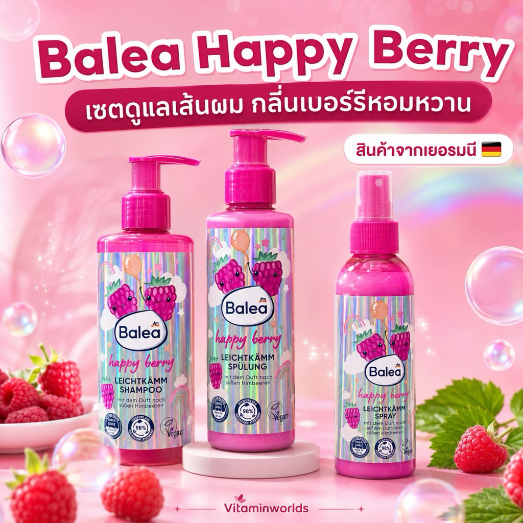 แพ็คเกจใหม่ แชมพู/ครีมนวด/สเปรย์ฉีดหลังสระ.... เด็ก 1ปีขึ้นไป Balea kids happy berry---LEICHTKAEMM