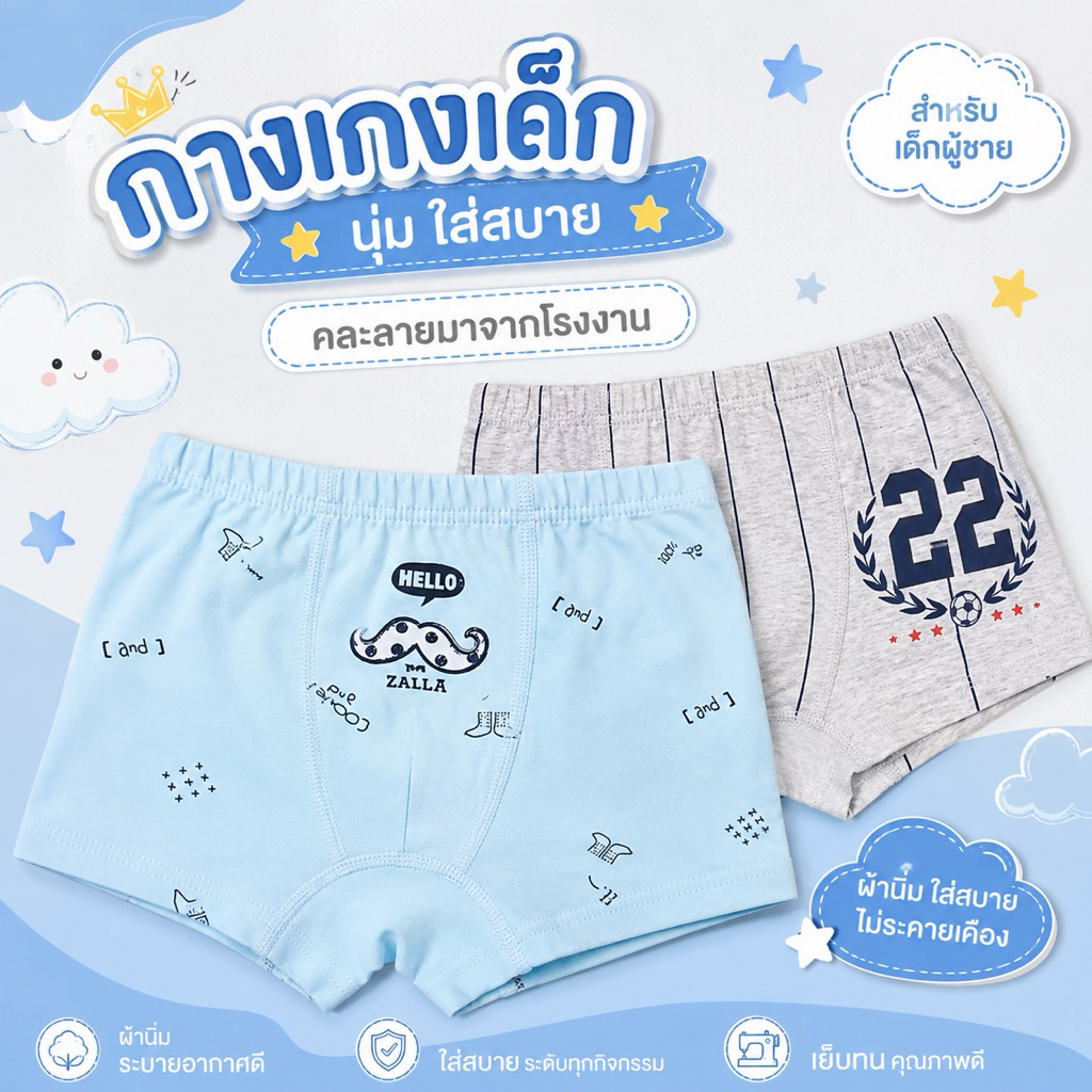 (แพ็ค6,12ตัว) กางเกงในขาสั้นเด็กชาย ผ้ายืด ใส่สบาย คละลาย