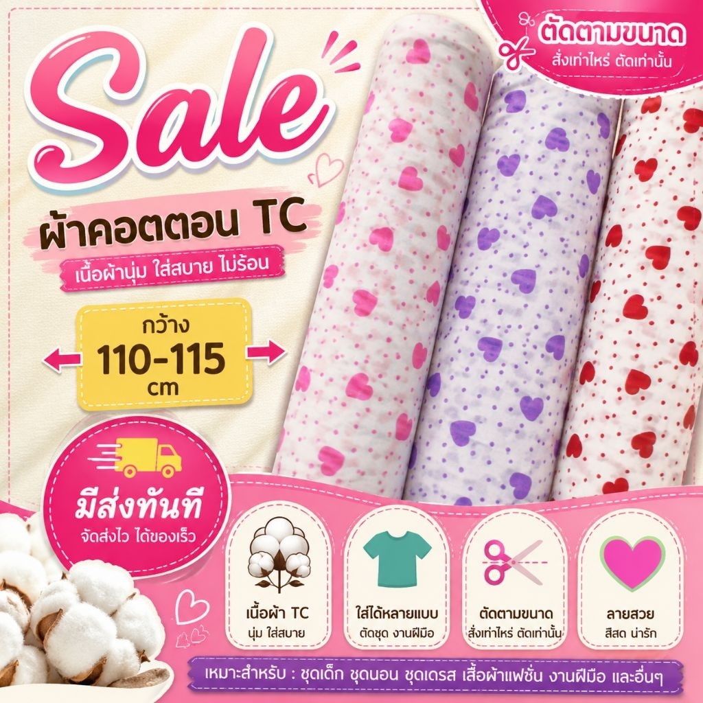 ผ้า ถ่ายพร็อพ ผ้าคอตตอนทีซี ปูโต๊ะ ลายหัวใจ วาเลนท์ทาย หน้ากว้าง 110-115cm