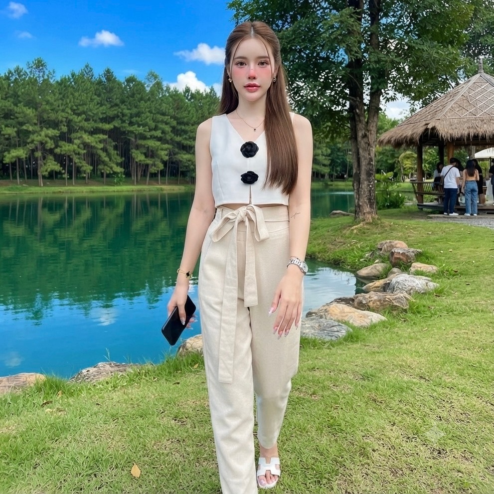 HOMJAI - กางเกงม้งผ้าไทย แบบป้ายหน้ามีสายผูกโบว์ ผ้าฝ้ายเนื้อนุ่มทรงสวยใส่สบายค่ะ