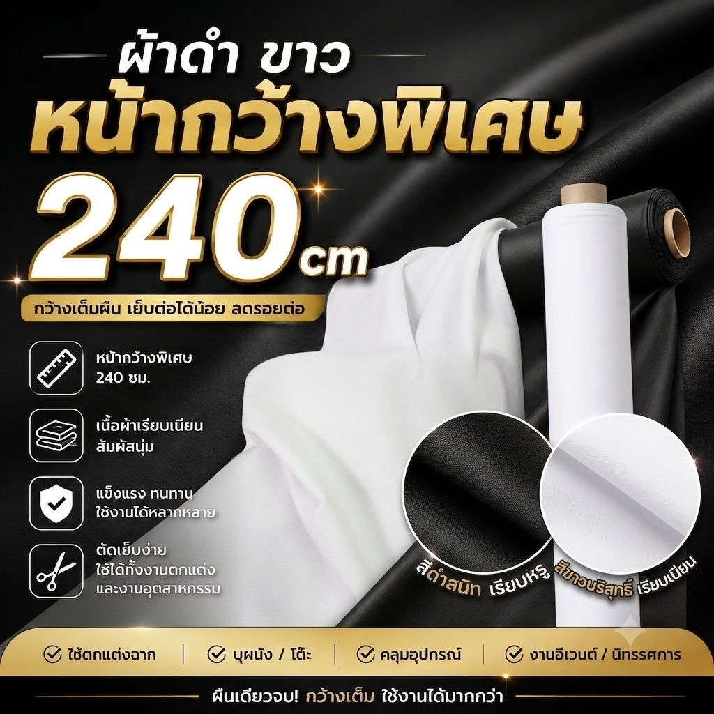 ผ้าหน้ากว้างพิเศษ กว้าง 2.4 เมตร ดำ ขาว ตัดชิ้นยาวตามสั่ง ผ้าโพลีเอสเตอร์ ทำฉาก คลุมของ ปิดบูธ