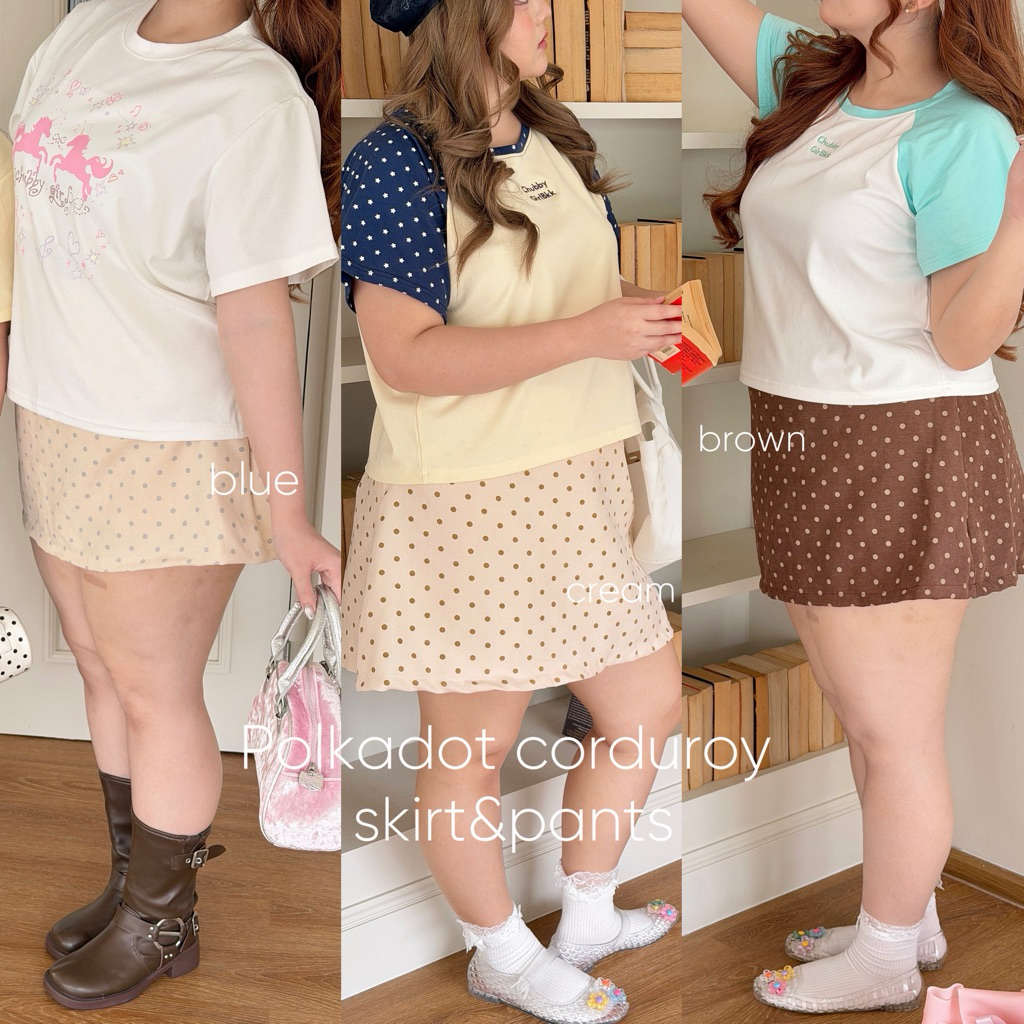 Chubbygirlbkk-Polkadot corduroy skirt&pants กระโปรงผ้าลูกฟูกซับในกางเกง ผ้าลูกฟูกลายจุด ใส่สบาย ไม่หนา