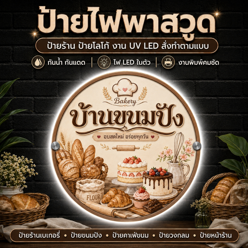 ป้ายไฟพาสวูดวงกลมรับพิมพ์โลโก้ LED ป้ายหน้าร้าน UV