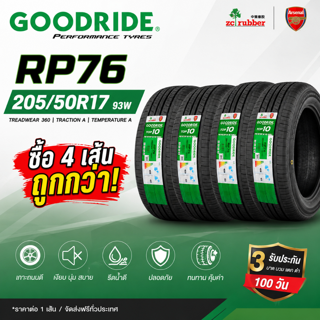 ยางรถยนต์ GOODRIDE RP76 205/50R17 93W ยางใหม่ นุ่มเงียบ เกาะถนนดี Treadwear 360 {ราคา 4/1 เส้น}