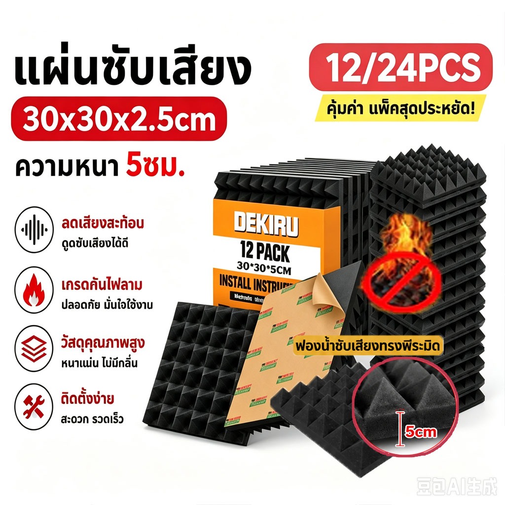 (12 แผ่น/แพ๊ค)แผ่นเก็บเสียง แผ่นซับเสียง แผงโฟมอะคูสติก กันความร้อน 30*30*5cm ขนาด เหมาะสำหรับผนังห้อง