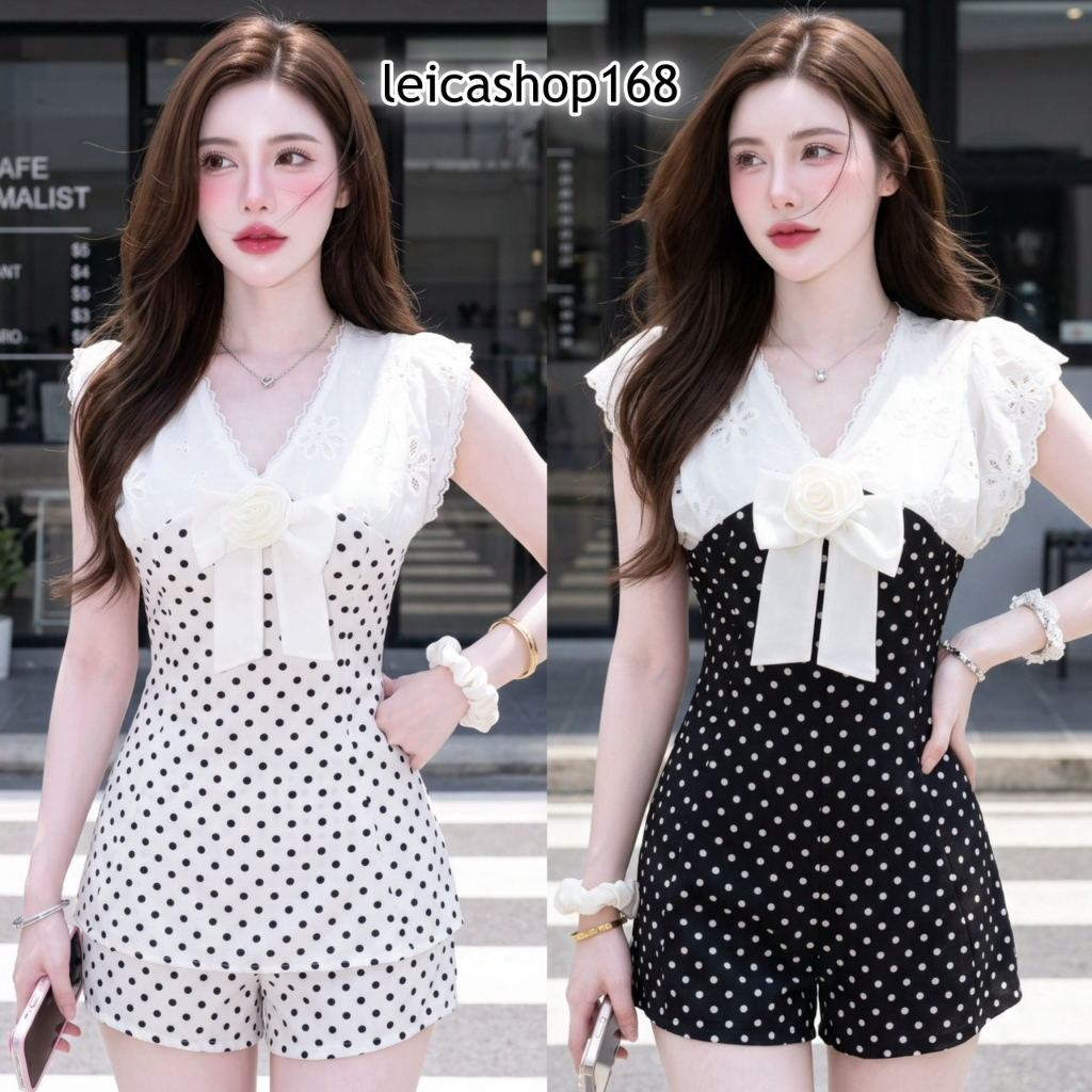 สินค้าพร้อมส่ง ชุดเซตสั้น แฟชั่น ผ้าไหมอิตาลี (Polka Dot) เสื้อแขนกุดแต่งจีบผ้าฉลุ ทรงยาว แต่งกุหลาบ3Dมีโบว์ พร้อมสายผูก
