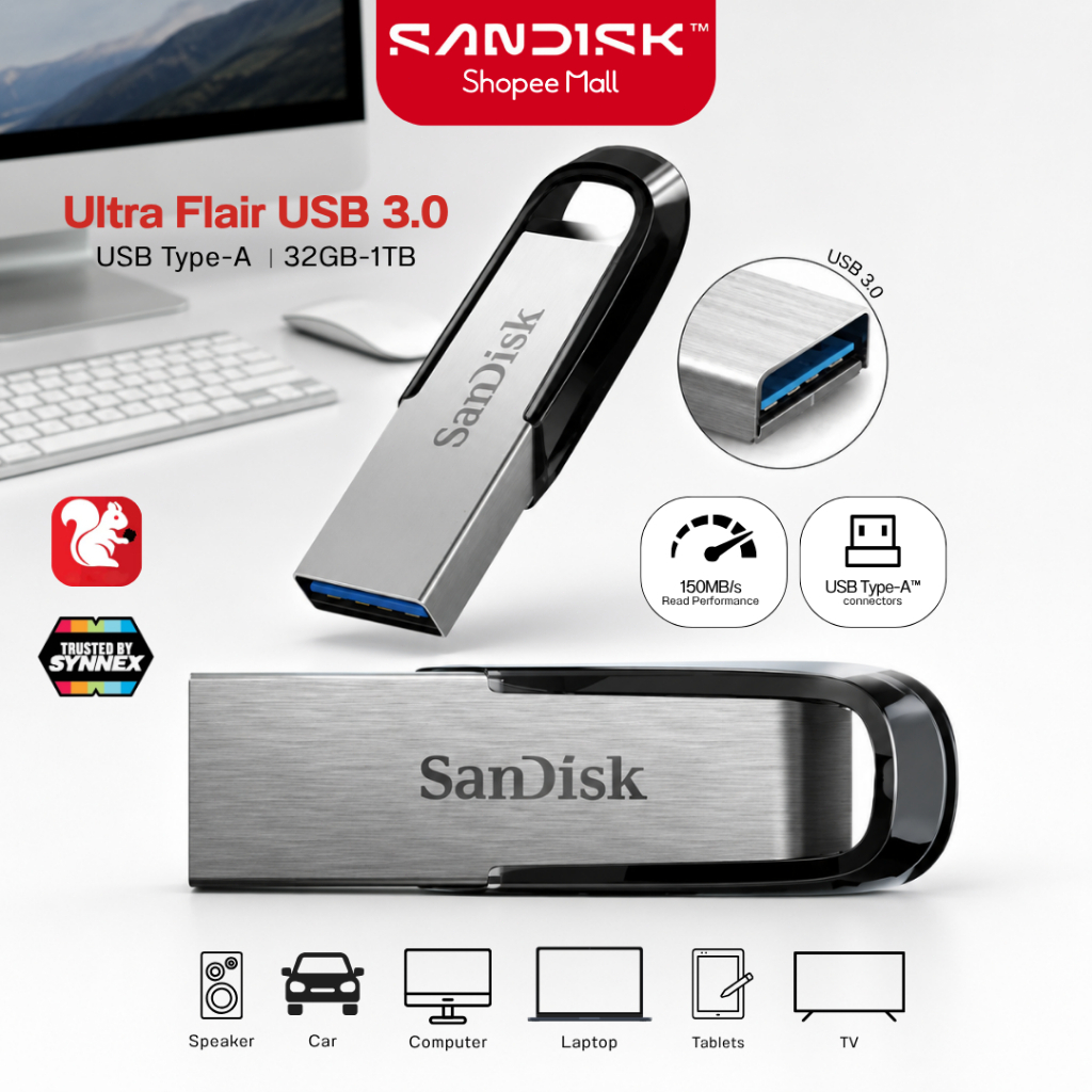(ส่งด่วน) SANDISK Flash Drive USB 3.0 Ultra Flair 32GB/64GB/128GB/256GB/512GB/1TB (150MB/s) SDCZ73 ของแท้ แฟลชไดร์ฟ