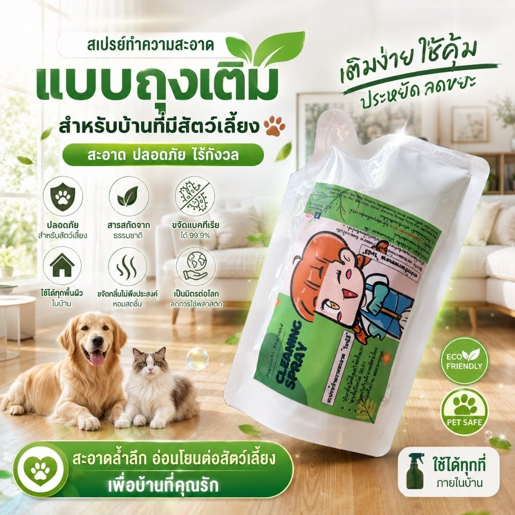 สเปรย์ทำความสะอาดชนิดถุงเติม ไมนิจิสเปรย์ แค่เทเติมพร้อมใช้งาน ประหยัด ใช้งานสะดวก