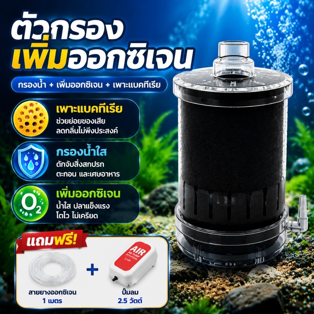 ชุดตัวกรองตู้ปลา เพิ่มออกซิเจน กรองน้ำ เพาะแบคทีเรีย พร้อมปั๊มลม 2.5W และสายยาง พร้อมใช้