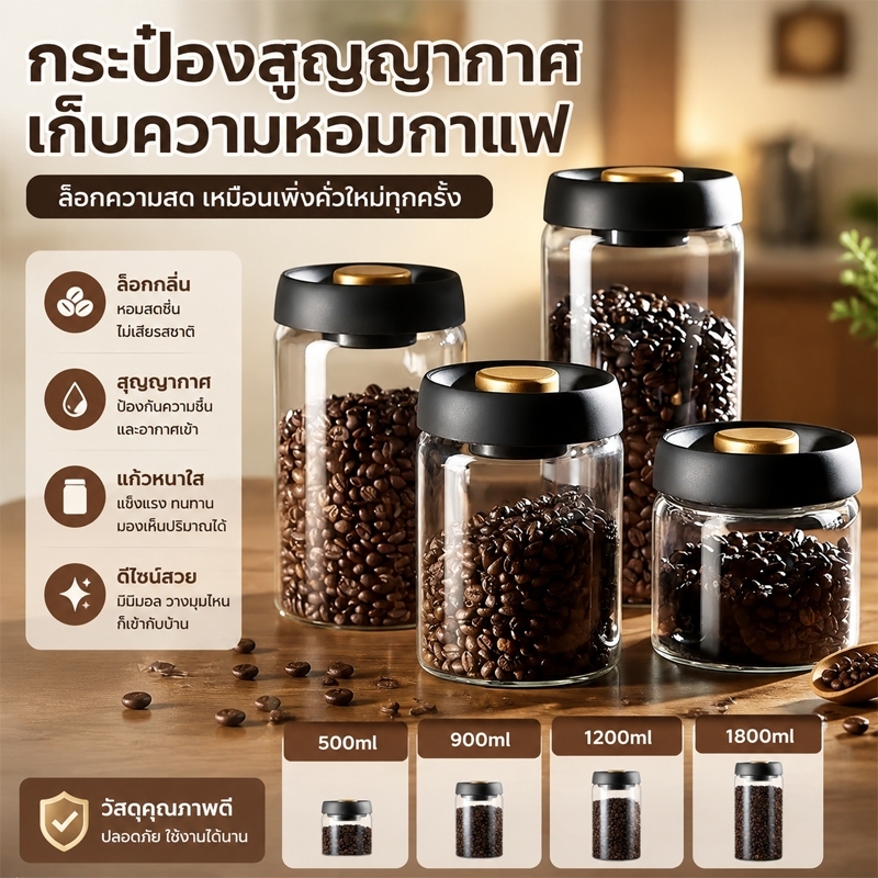 โหลแก้วสูญญากาศ กระปุกเก็บเมล็ดกาแฟ 500‑1800ml กระป๋องเก็บอาหารแห้ง ขวดสูญญากาศ กันน้ำ เก็บความสดใหม่