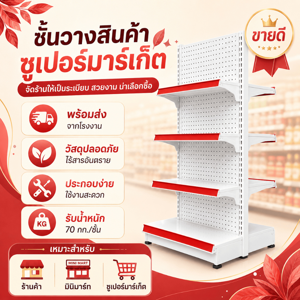 สินค้าใหม่ ชั้นวางเหล็กติดผนัง รับน้ำหนักสูง 90KG/ชั้น แข็งแรง ปรับชั้นได้ สำหรับมินิมาร์ทและร้านค้า