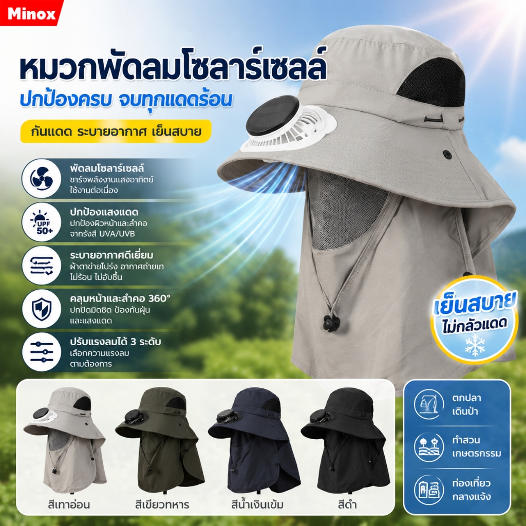 หมวกพัดลมพลังงานแสงอาทิตย์ หมวกกันแดด ถอดออกได้ การชาร์จ USB สําหรับเดินป่า ตกปลา หมุนได้ 360 องศา