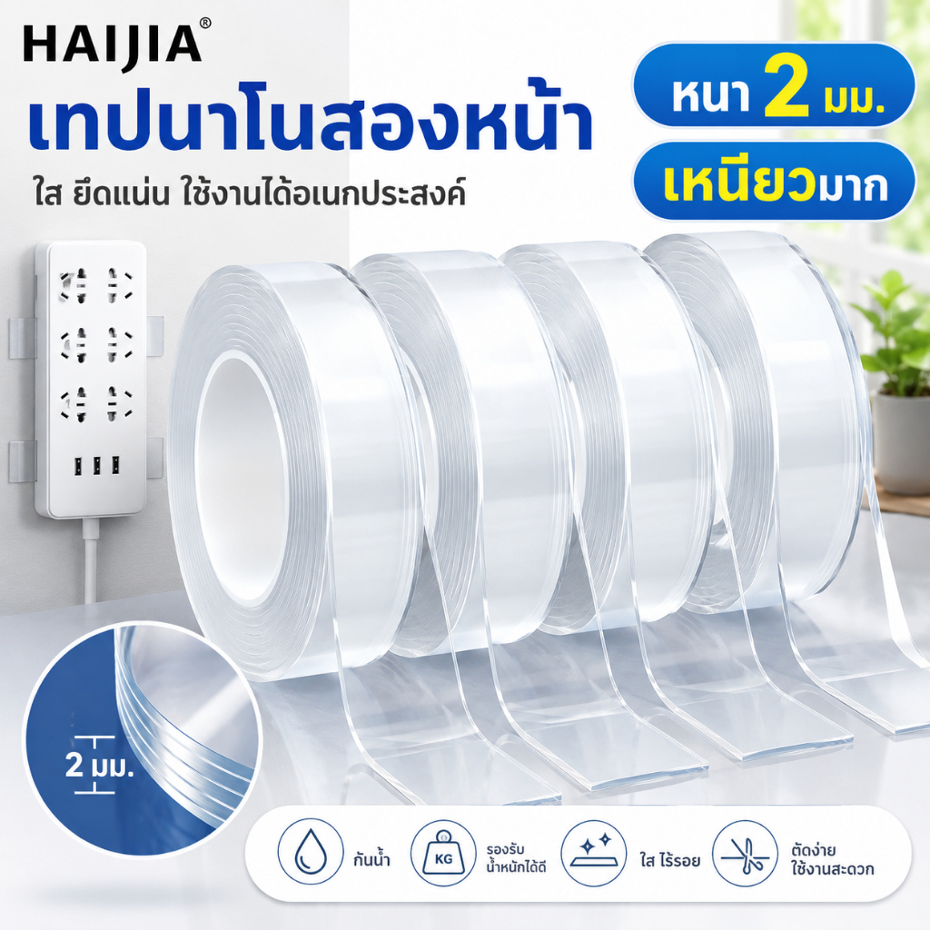 HAIJIA เทปนาโนโปร่งใส เทปกาวสองหน้าแรงยึดสูง 2ซม.x2เมตร ไม่ทิ้งคราบ ล้างทำความสะอาดได้ ใช้ซ้ำ ติดผนัง DIY