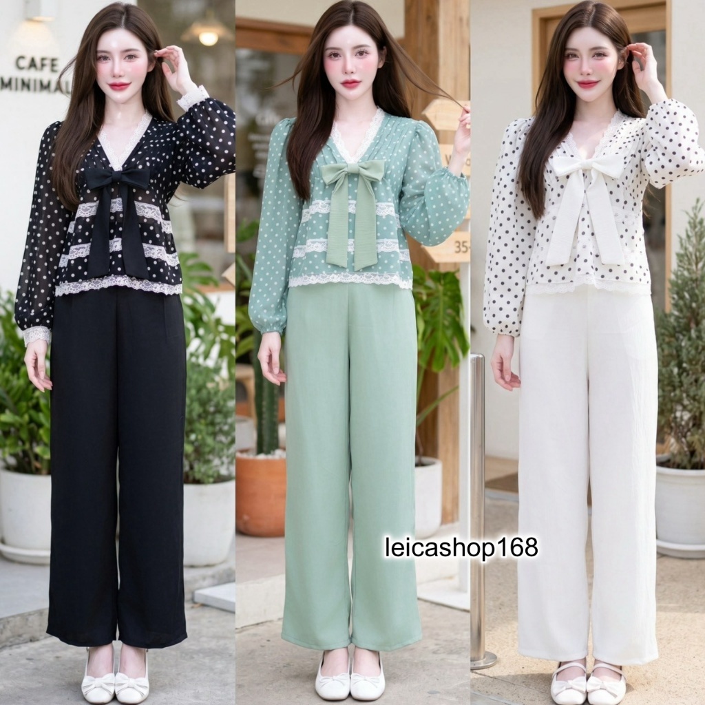 สินค้าพร้อมส่ง ชุดเซตยาวแฟชั่น เสื้อผ้าไหมอิตาลี (Polka Dot) แขนยาว คอวีแต่งลูกไม้ ระบายชั้นๆแต่งลูกไม้+กางเกงผ้าครัช