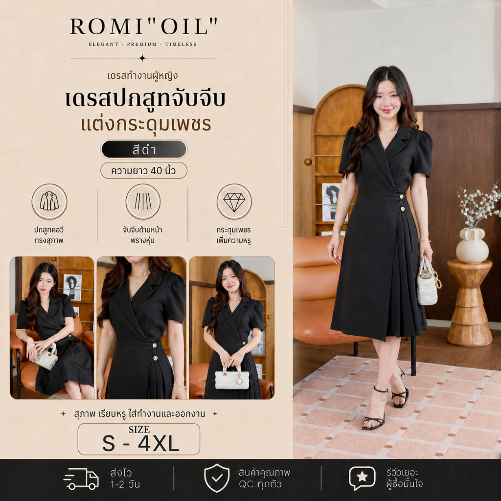 (ยาว 40 นิ้ว) "Romi"Oil" Timeless Grace Long Dress (black) K333 ชุดเดรสสีดำ (แต่งกระดุมดอกไม้กระโปรง)