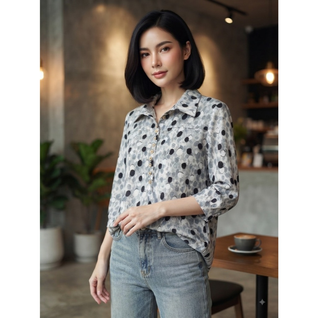 1.YaFag เสื้อยืดเกาหลี ฟรีไฃส์32''-44'' เสื้อผ้ายืด คอปก ผู้ใหญ่ ผ้าลายดอกไม้ แขนสามส่วน แบบสวม งานตัดเย็บอย่างดี