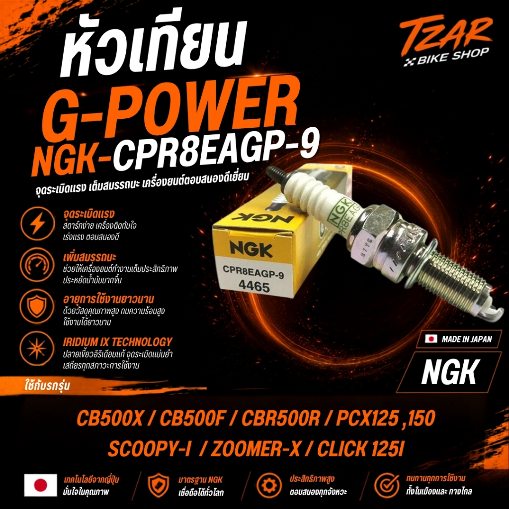 หัวเทียน เข็ม G-Power NGK-CPR8EAGP-9 สำหรับรถรุ่น CB500X/CB500F/CBR500R/PCX 125/150/Scoopy-i /Zoomer